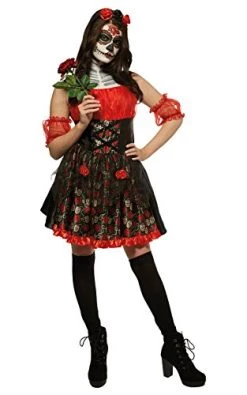 Red Rose Day Of The Dead Ladies Halloween Fancy Dress Skeleton Adult Costume New